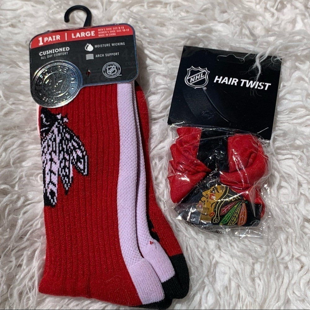 NEW Chicago Blackhawks Black Red  Hair Scrunchie and Crew Socks Bundle